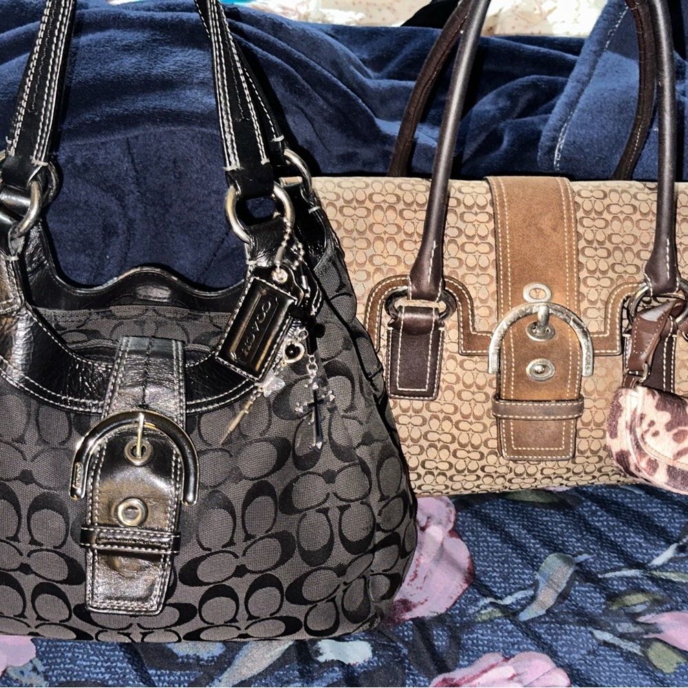 Coach Black and Tan Signature Shoulder Bags